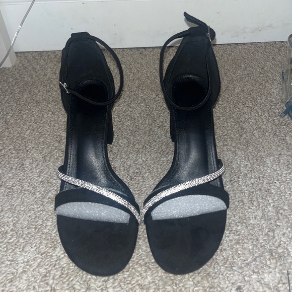 Shoes - Black High Heels with Glittery Rhinestone Strap US 7, CN 38